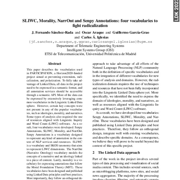 SLIWC, Morality, NarrOnt and Senpy Annotations: four vocabularies to ...