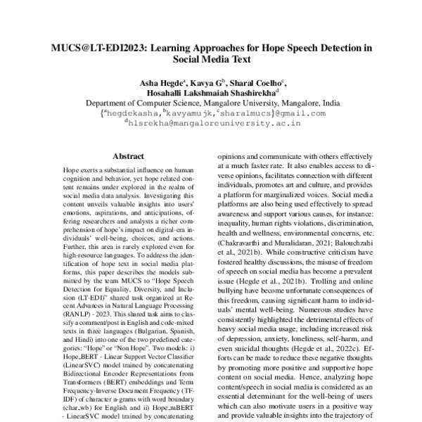 MUCS@LT-EDI2023: Learning Approaches for Hope Speech Detection in ...