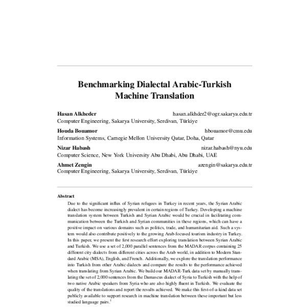 Benchmarking Dialectal Arabic-Turkish Machine Translation - ACL Anthology