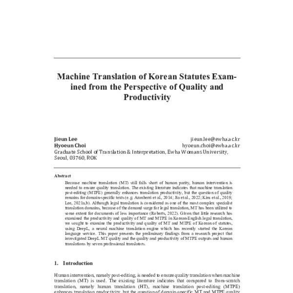 Machine translation of Korean statutes examined from the perspective of ...
