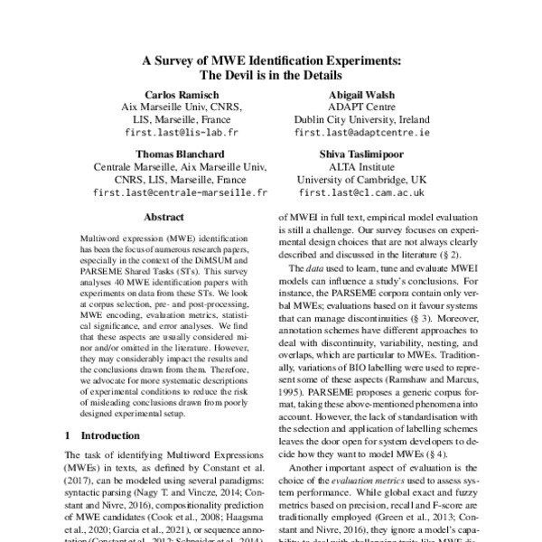 A Survey of MWE Identification Experiments: The Devil is in the Details ...