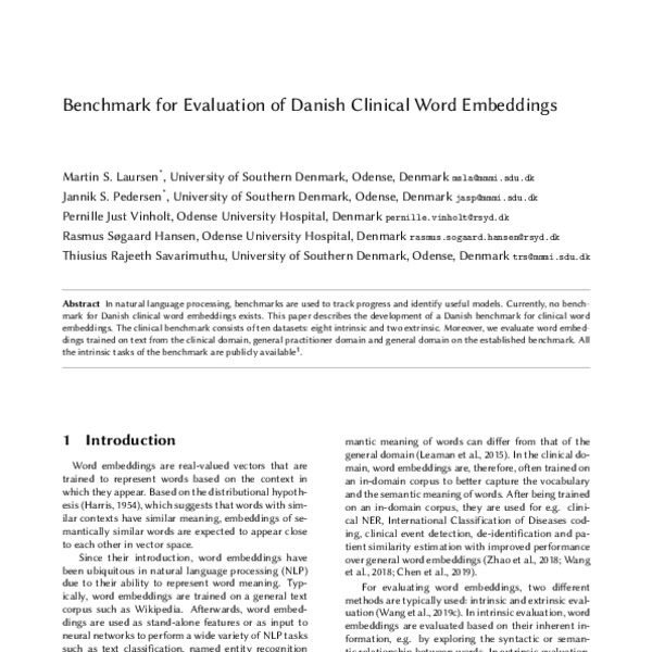 Benchmark for Evaluation of Danish Clinical Word Embeddings - ACL Anthology