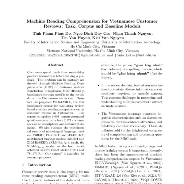 Machine Reading Comprehension for Vietnamese Customer Reviews: Task ...
