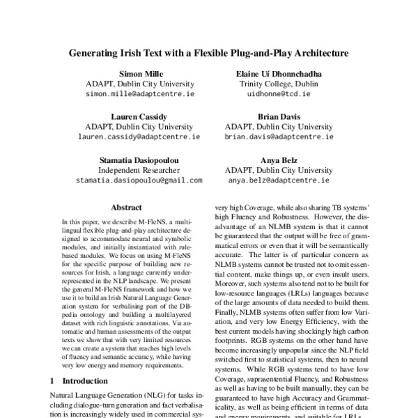 Generating Irish Text with a Flexible PlugandPlay Architecture ACL