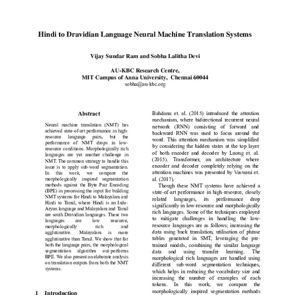 Hindi to Dravidian Language Neural Machine Translation Systems - ACL ...