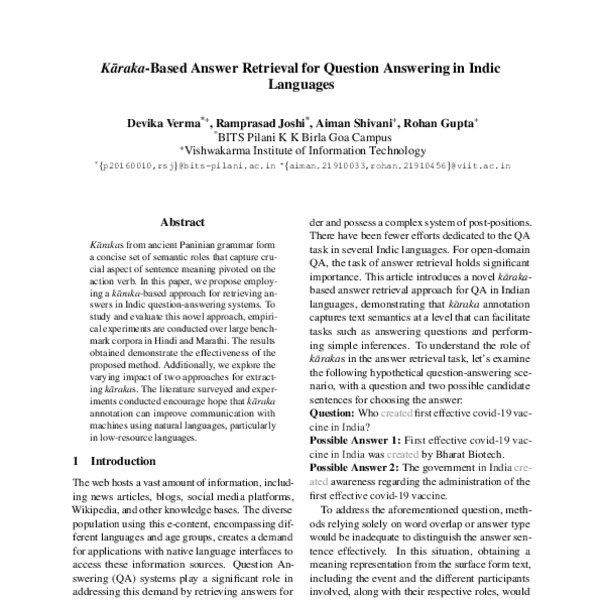 Kāraka-Based Answer Retrieval for Question Answering in Indic Languages ...