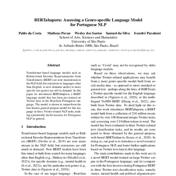 BERTabaporu: Assessing a Genre-Specific Language Model for Portuguese ...