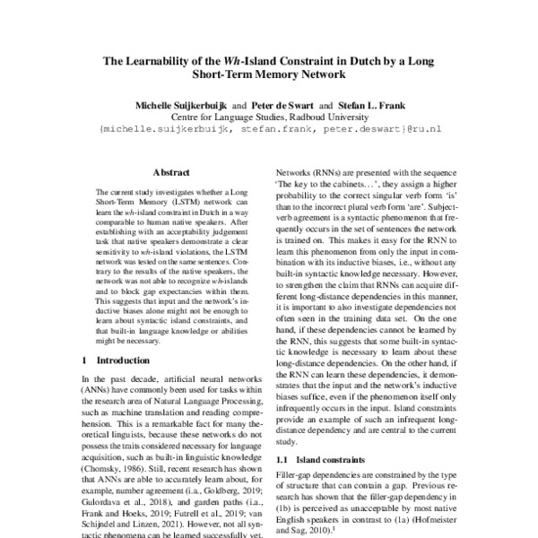 The Learnability of the Wh-Island Constraint in Dutch by a Long Short ...