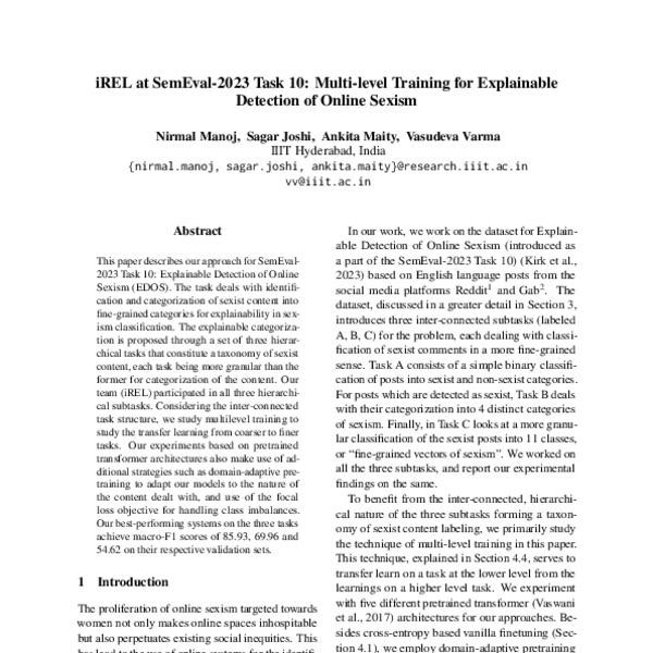 iREL at SemEval2023 Task 10 Multilevel Training for Explainable