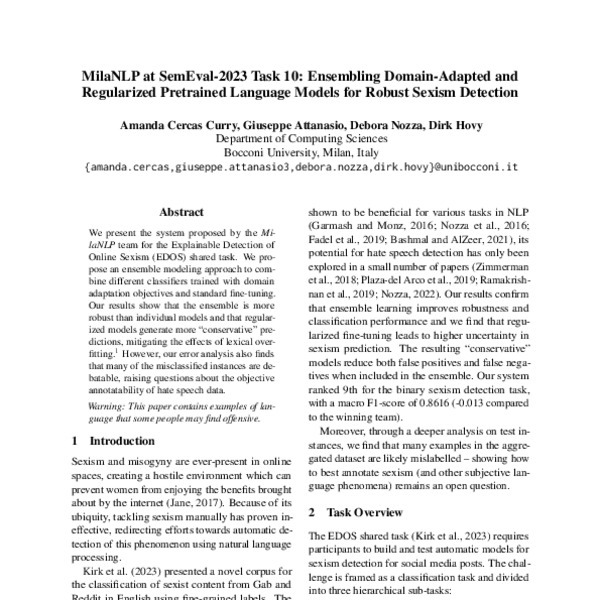 Milanlp At Semeval 2023 Task 10 Ensembling Domain Adapted And Regularized Pretrained Language