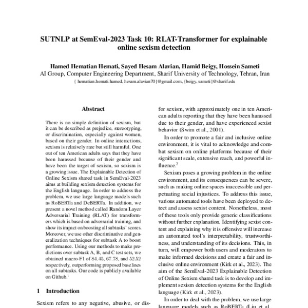 SUTNLP at SemEval-2023 Task 10: RLAT-Transformer for explainable online ...