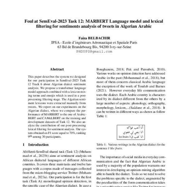 Foul at SemEval-2023 Task 12: MARBERT Language model and lexical ...
