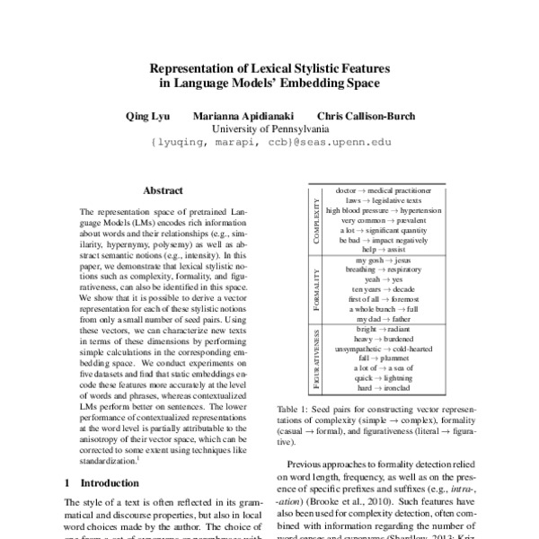 Representation of Lexical Stylistic Features in Language Models ...