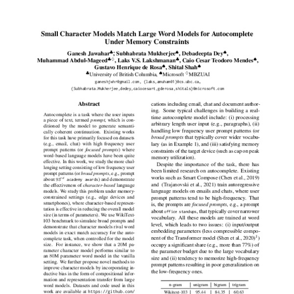Small Character Models Match Large Word Models for Autocomplete Under ...