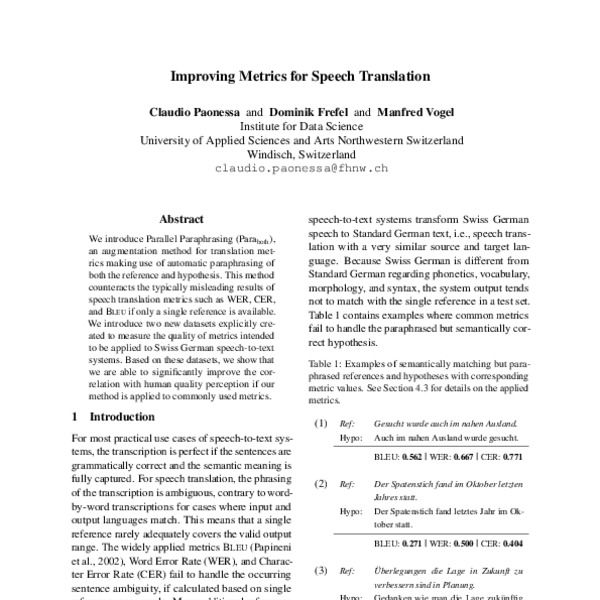 Improving Metrics for Speech Translation - ACL Anthology