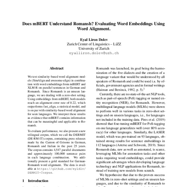Does mBERT understand Romansh? Evaluating word embeddings using word ...