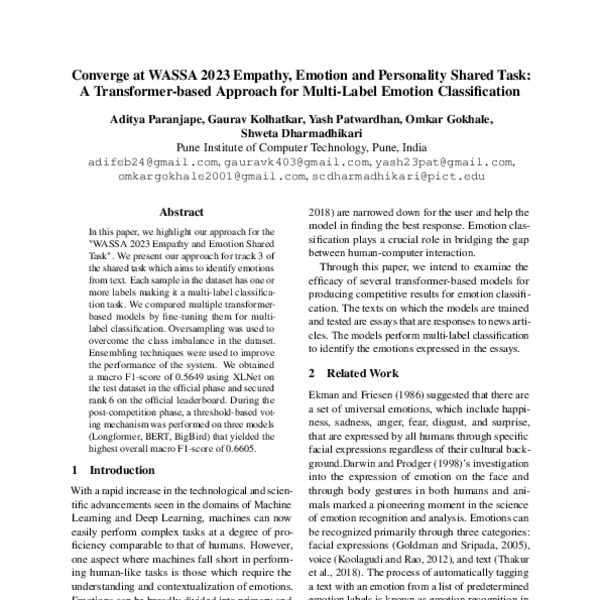 Converge at WASSA 2023 Empathy, Emotion and Personality Shared Task: A ...