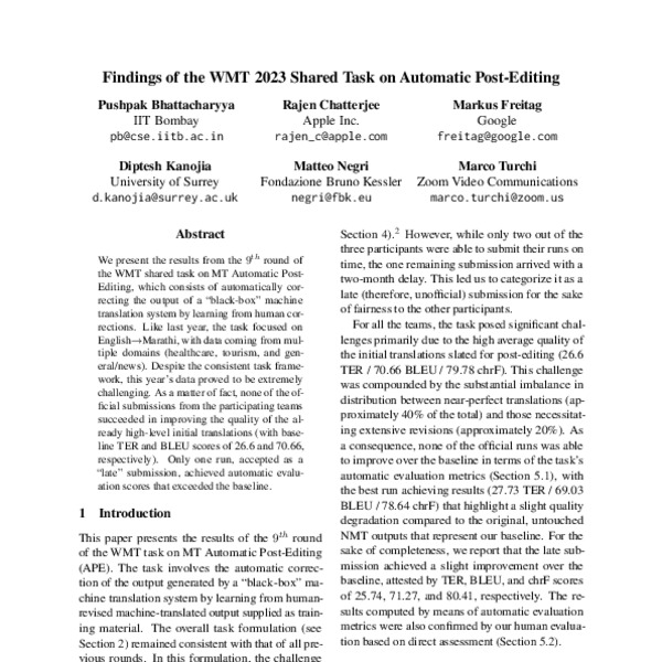 Findings of the WMT 2023 Shared Task on Automatic PostEditing ACL