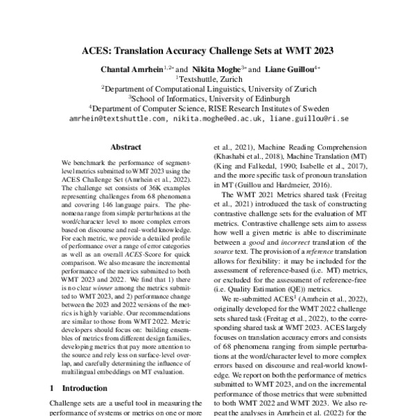 ACES: Translation Accuracy Challenge Sets at WMT 2023 - ACL Anthology