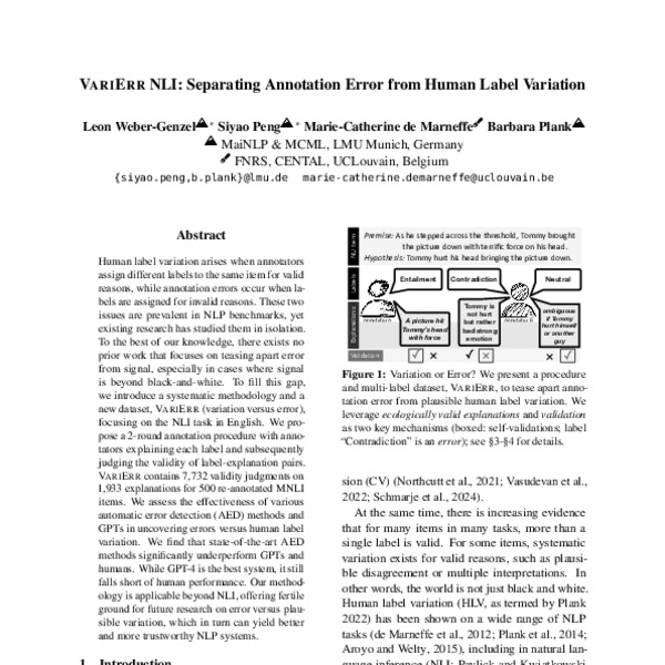 VariErr NLI: Separating Annotation Error from Human Label Variation ...