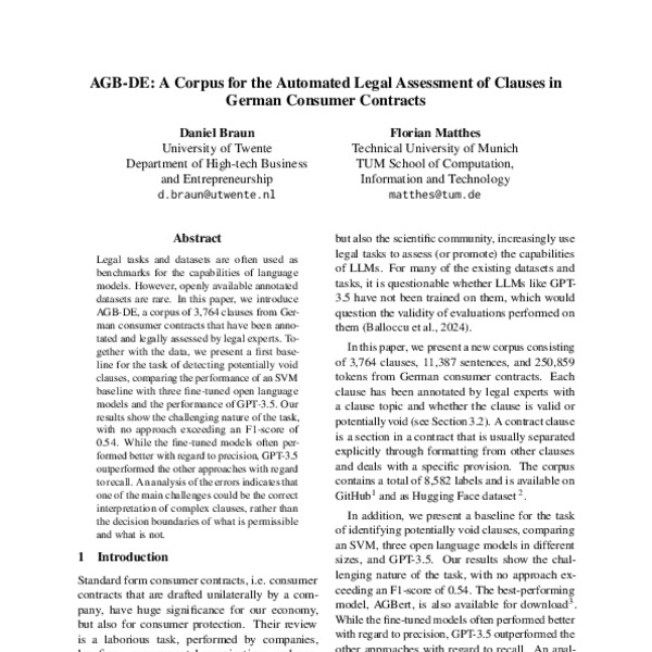 AGB-DE: A Corpus for the Automated Legal Assessment of Clauses in ...