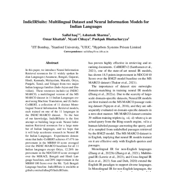 IndicIRSuite: Multilingual Dataset and Neural Information Models for ...