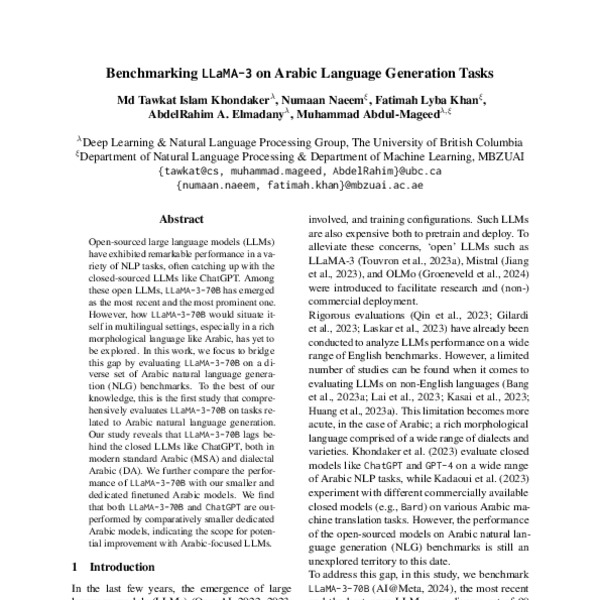 Benchmarking LLaMA-3 on Arabic Language Generation Tasks - ACL Anthology