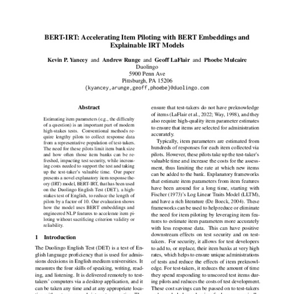BERT-IRT: Accelerating Item Piloting with BERT Embeddings and ...