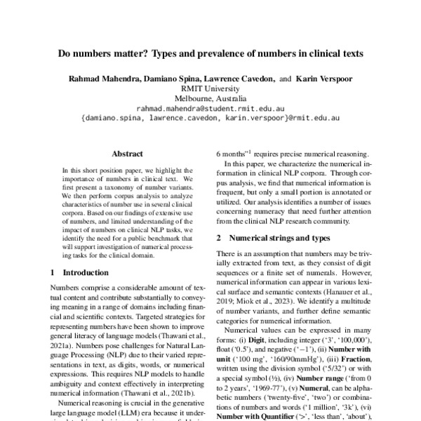 Do Numbers Matter? Types and Prevalence of Numbers in Clinical Texts ...