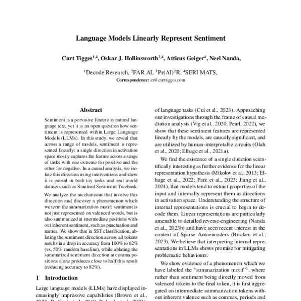 Language Models Linearly Represent Sentiment - ACL Anthology