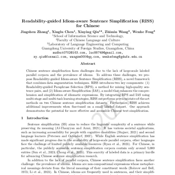 Readability-guided Idiom-aware Sentence Simplification (RISS) for ...