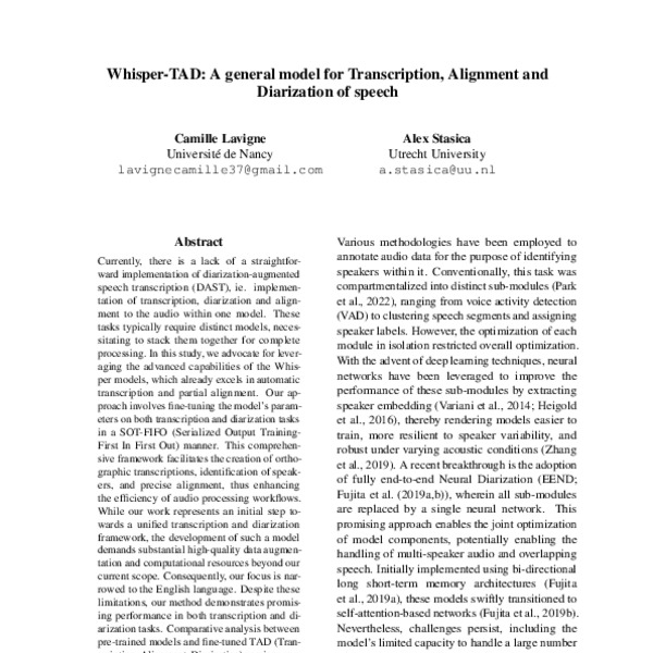 Whisper–TAD: A General Model for Transcription, Alignment and ...