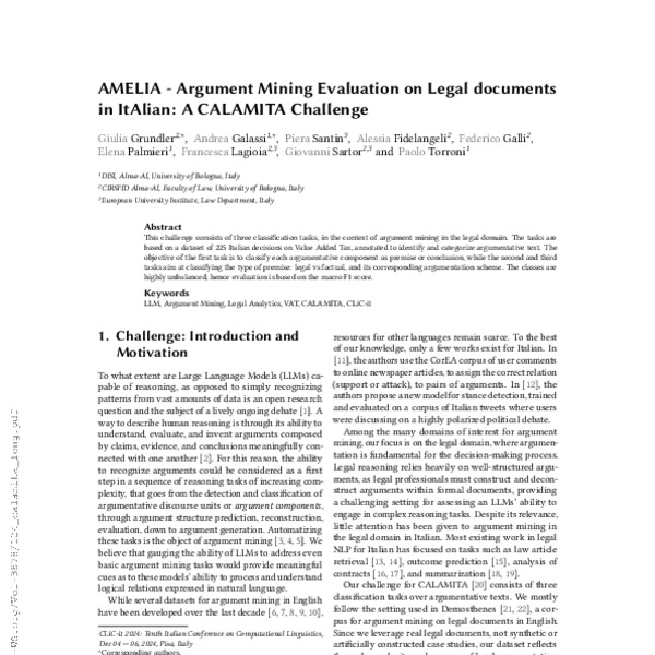 AMELIA - Argument Mining Evaluation on Legal documents in ItAlian: A ...