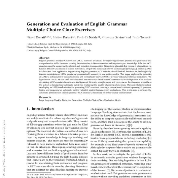 Generation and Evaluation of English Grammar Multiple-Choice Cloze ...