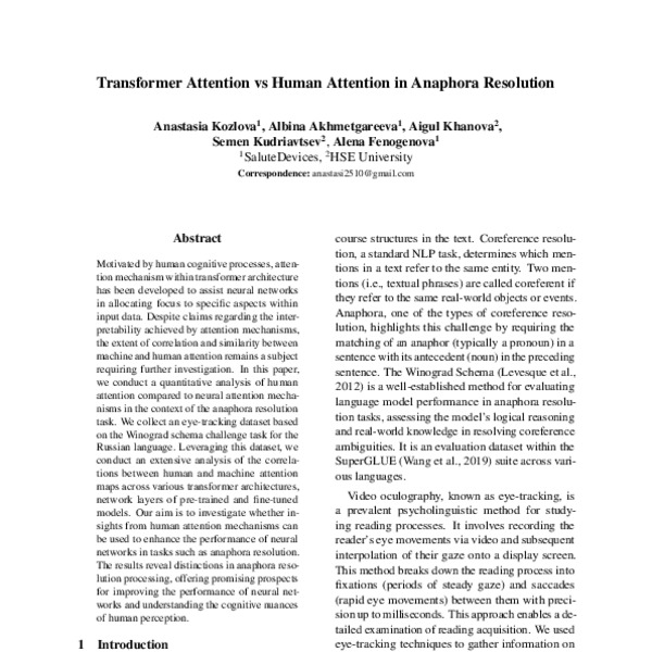 Transformer Attention vs Human Attention in Anaphora Resolution - ACL ...