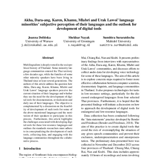 Akha, Dara-ang, Karen, Khamu, Mlabri and Urak Lawoi’ language ...