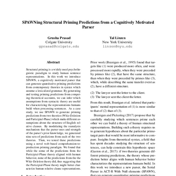 SPAWNing Structural Priming Predictions from a Cognitively Motivated ...