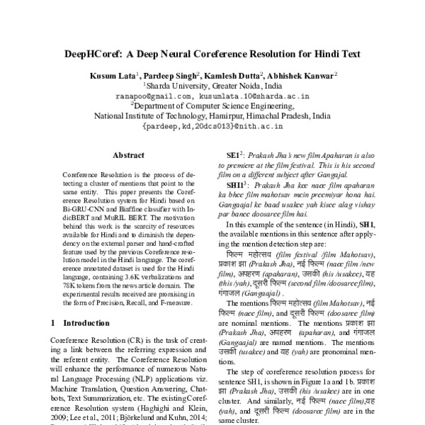 DeepHCoref: A Deep Neural Coreference Resolution for Hindi Text - ACL ...