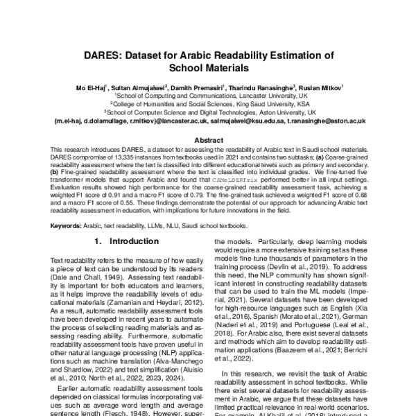 DARES: Dataset for Arabic Readability Estimation of School Materials ...