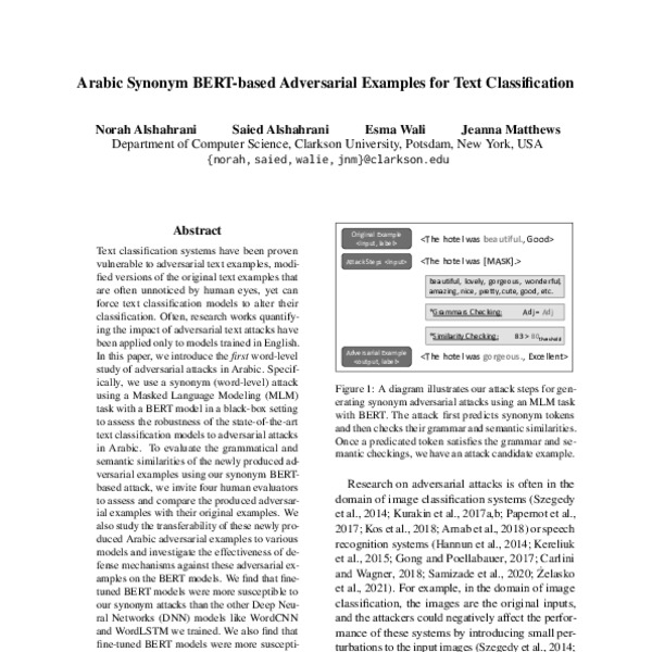 Arabic Synonym BERTbased Adversarial Examples for Text Classification