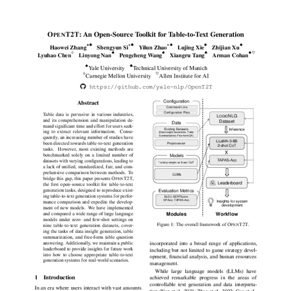 OpenT2T An OpenSource Toolkit for TabletoText Generation ACL