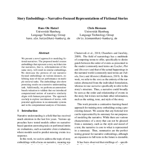 Story Embeddings — Narrative-Focused Representations of Fictional ...
