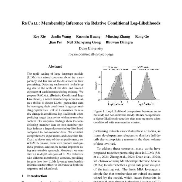 ReCaLL Membership Inference via Relative Conditional LogLikelihoods