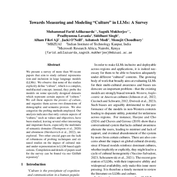 Towards Measuring and Modeling “Culture” in LLMs: A Survey - ACL Anthology