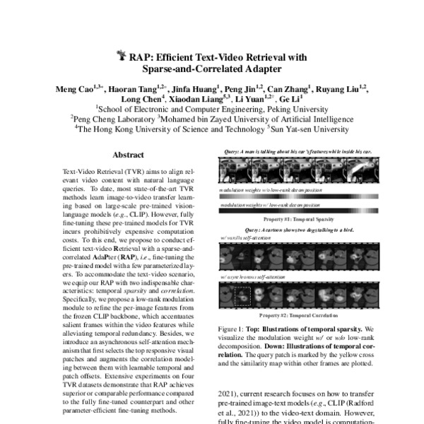 RAP: Efficient Text-Video Retrieval with Sparse-and-Correlated Adapter ...