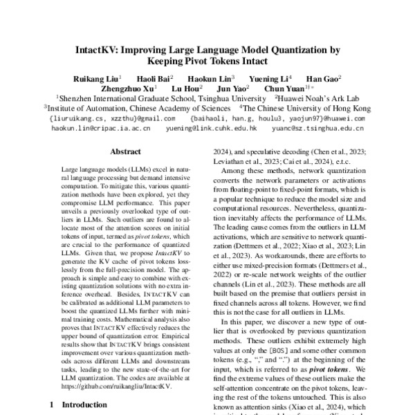 IntactKV: Improving Large Language Model Quantization by Keeping Pivot ...