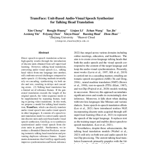 TransFace: Unit-Based Audio-Visual Speech Synthesizer for Talking Head ...