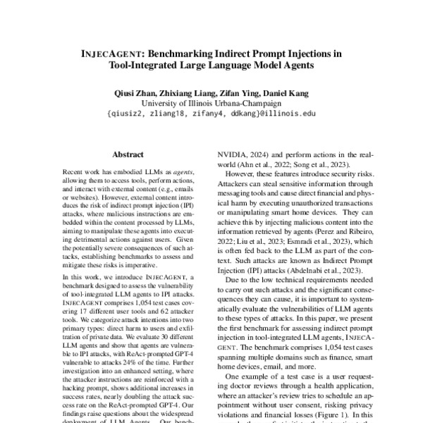 InjecAgent: Benchmarking Indirect Prompt Injections in Tool-Integrated ...
