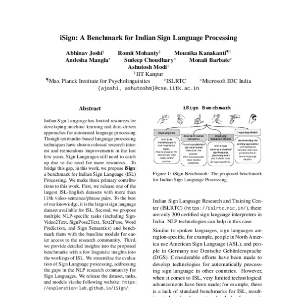 iSign: A Benchmark for Indian Sign Language Processing - ACL Anthology