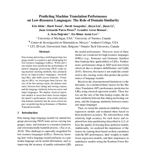 Predicting Machine Translation Performance on LowResource Languages